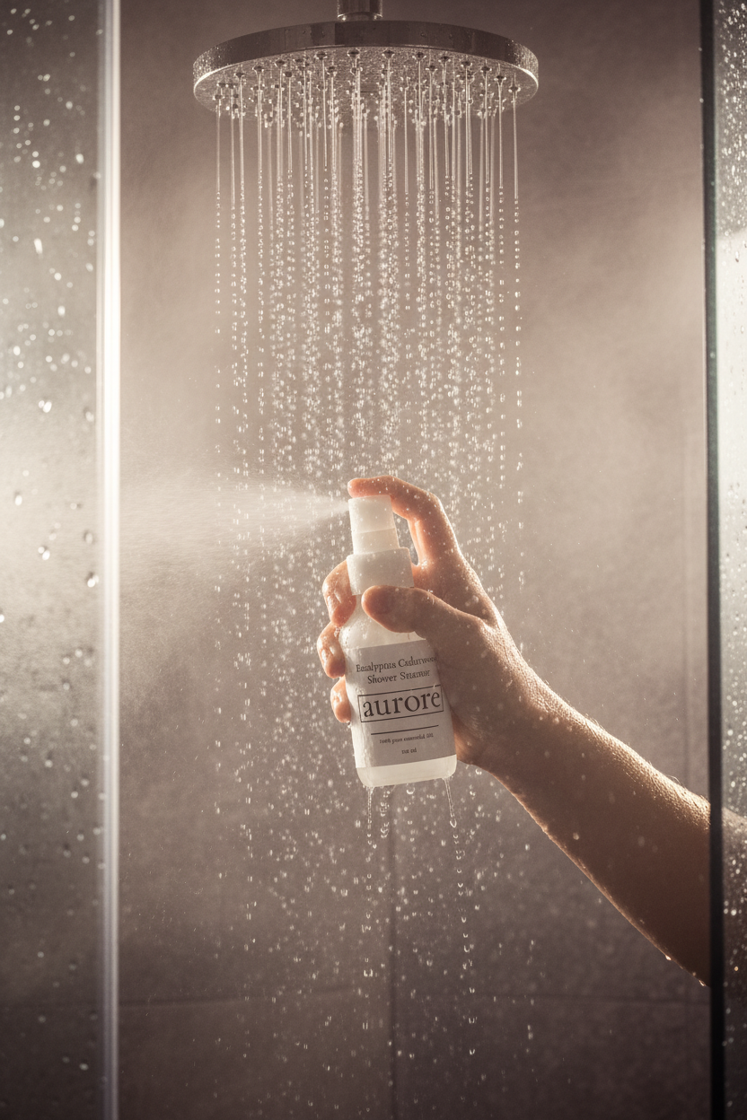 Eucalyptus Cedarwood Shower Steamer Spray under rainfall shower
